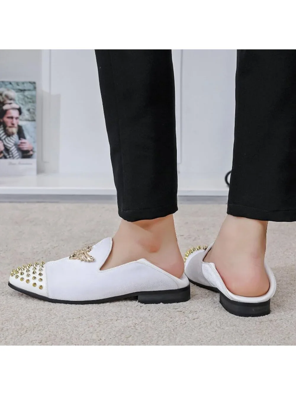 FQEQNQG Men's White Velvet Loafers Metal Buckle Shiny Slip On Classic Shoes